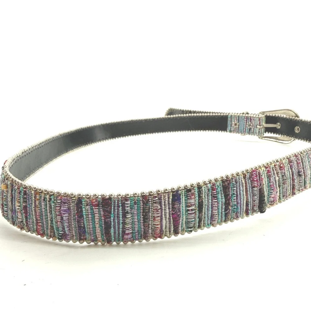 Elite Belt Women ML Multicolor Woven Metallic Beaded Silver Buckle Boho 1072